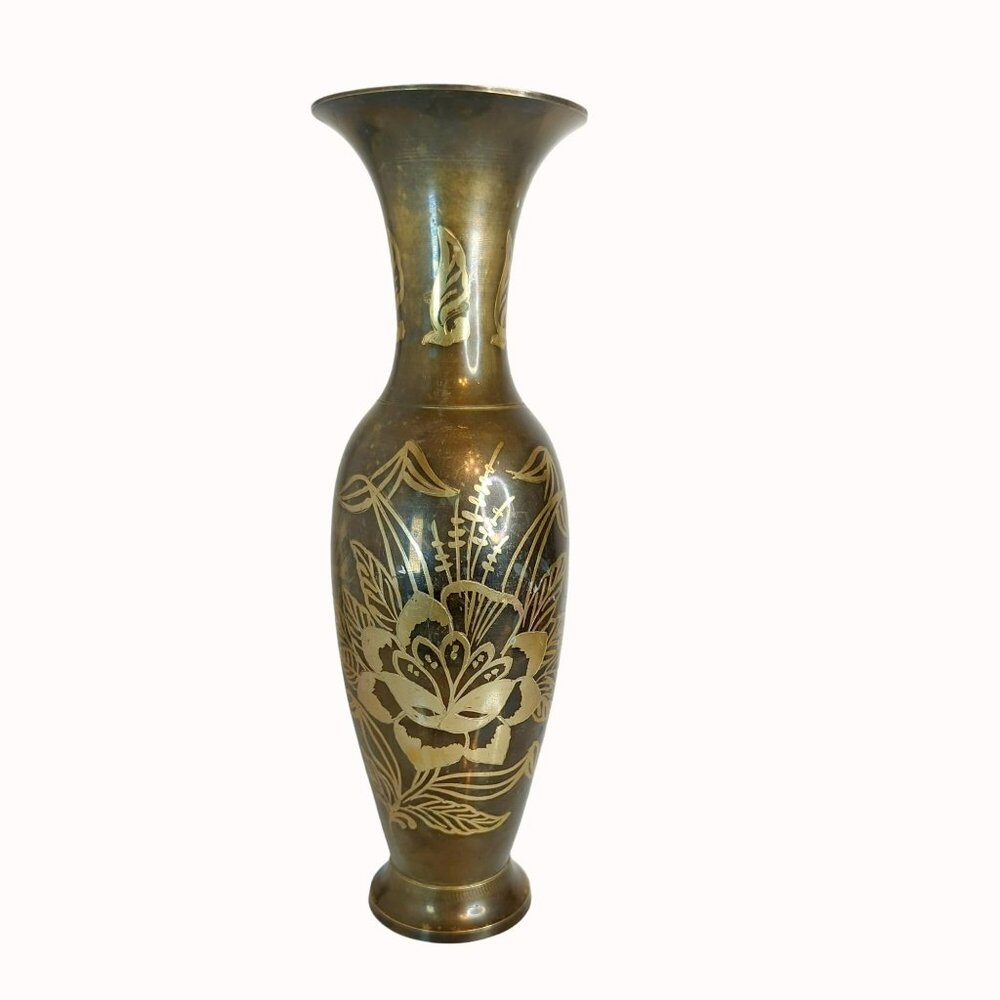 Vintage Solid Brass Etched Floral Design Vase Made In India - 13.75" Tall